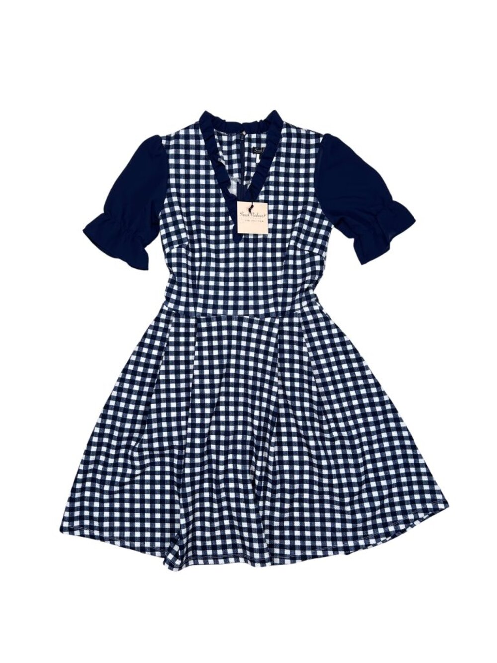 Smak Parlour Small Gingham Dress Ruffle Fit & Flare Navy